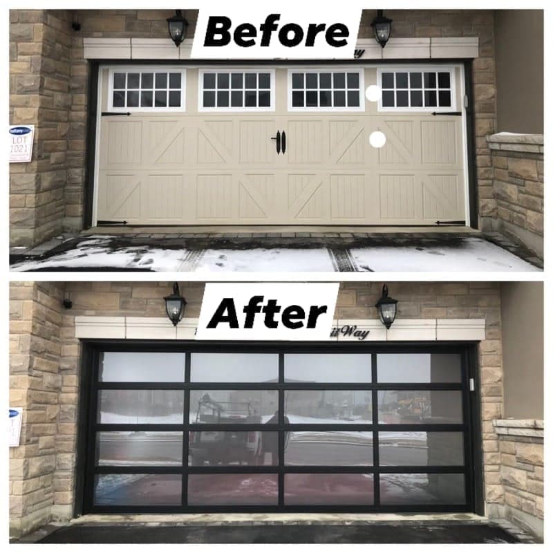 Before and after: a beige carriage-style double garage door with crossbuck overlays and divided windows, replaced with a full-view door of black aluminium frames and glass.