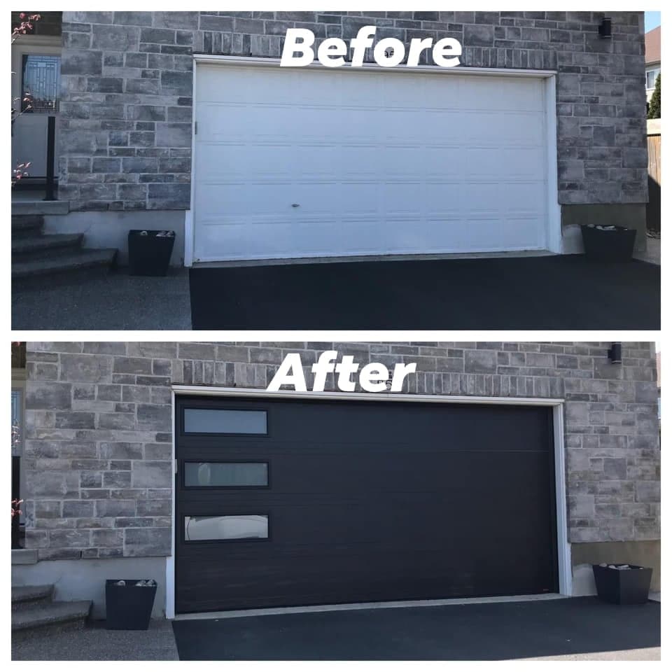 Before and after: a white raised-panel double garage door in a grey stone wall, replaced with a black door with horizontal grooves and three frosted windows stacked at the left edge.