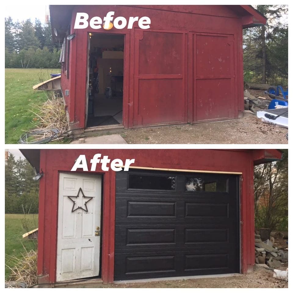 Before and after: a red wooden shed closed by two plank doors, then fitted with a black long-panel garage door with windows along the top, beside a white side door.