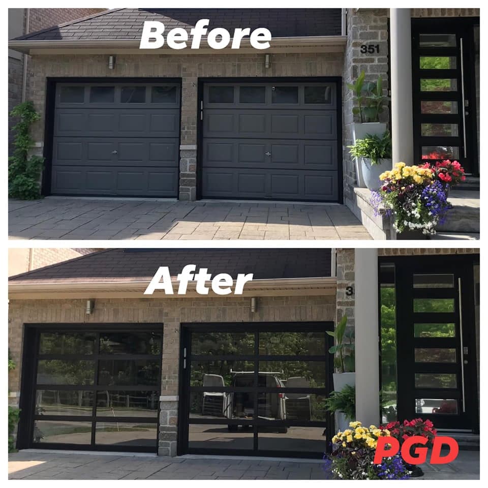 Before and after: two dark grey raised-panel garage doors with small windows, replaced with two full-view doors of black aluminium frames and glass, beside a modern front door with long glass inserts.