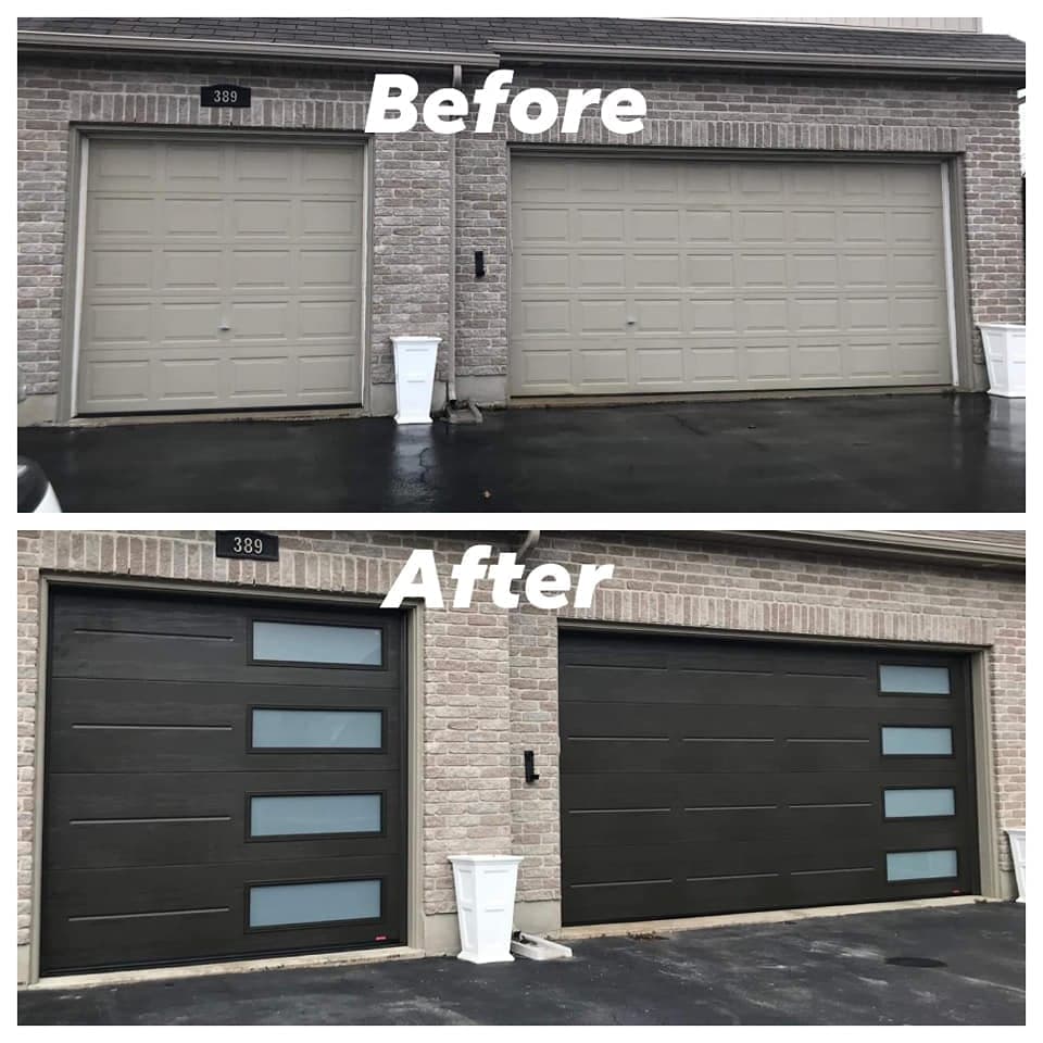 Before and after: beige raised-panel single and double garage doors in a grey brick wall, replaced with two black doors with horizontal grooves and a column of frosted windows on each.