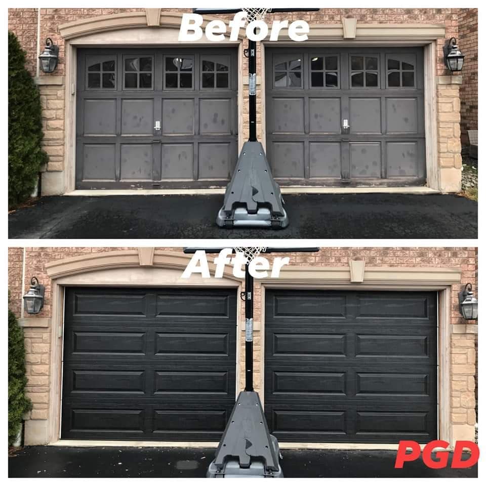 Before and after: two grey raised-panel garage doors with sunburst windows in a brick front, replaced with two black long-panel doors.