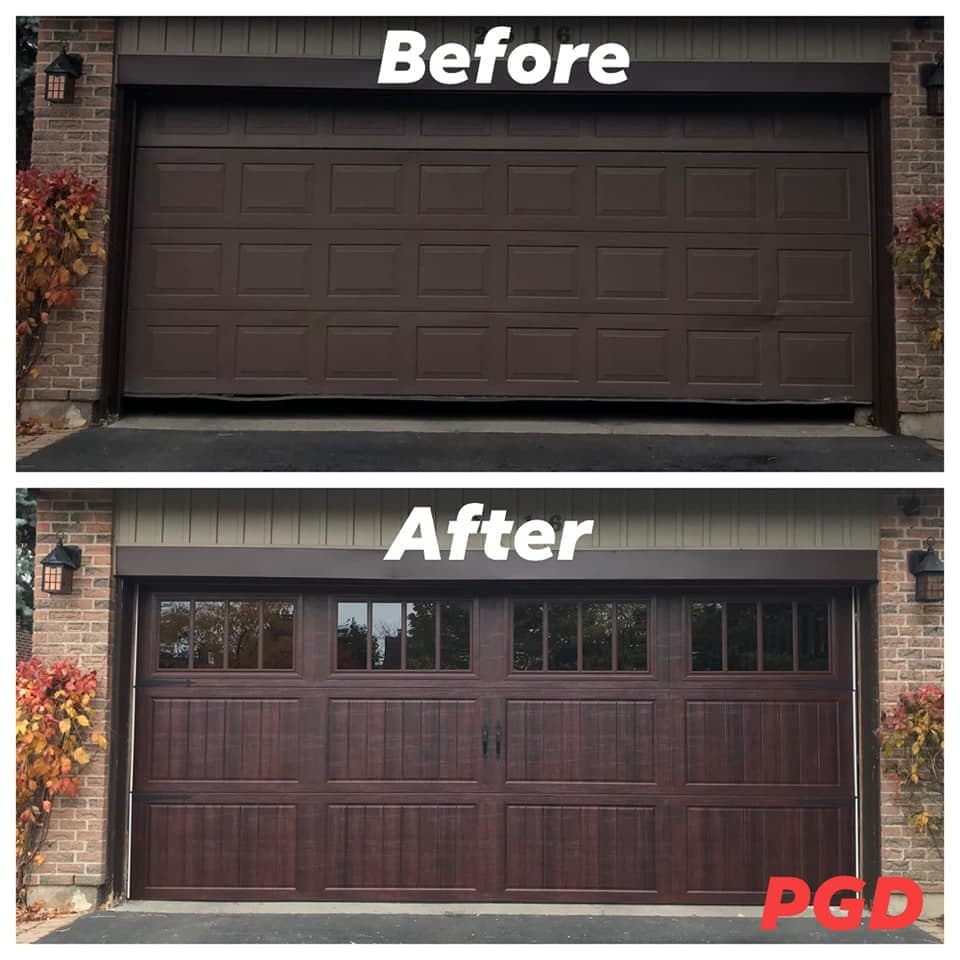 Before and after: a dark brown raised-panel double garage door, replaced with a dark woodgrain carriage-style door with a row of divided windows and black handles.