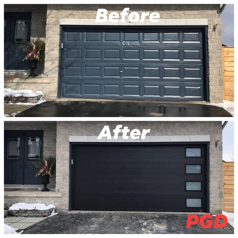 Before and after: a slate grey raised-panel double garage door in a stone wall, replaced with a black door with horizontal grooves and a column of four windows at the right edge.