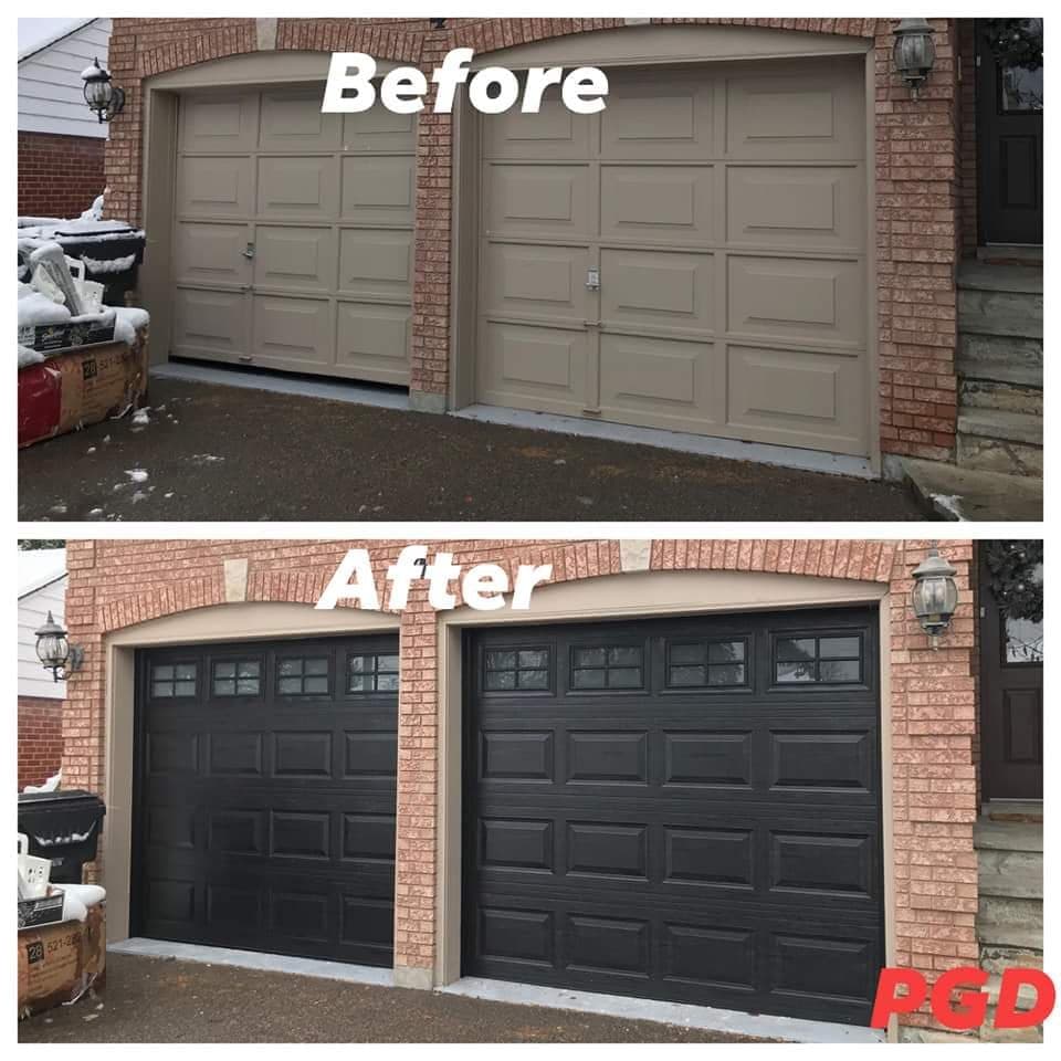 Before and after: two beige raised-panel garage doors, one single and one double, in a red brick wall, replaced with black raised-panel doors with a row of windows along the top.