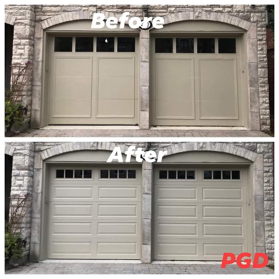 Before and after: two beige garage doors with small windows over plain panels, under stone arches, replaced with two beige long-panel doors with a row of windows along the top.