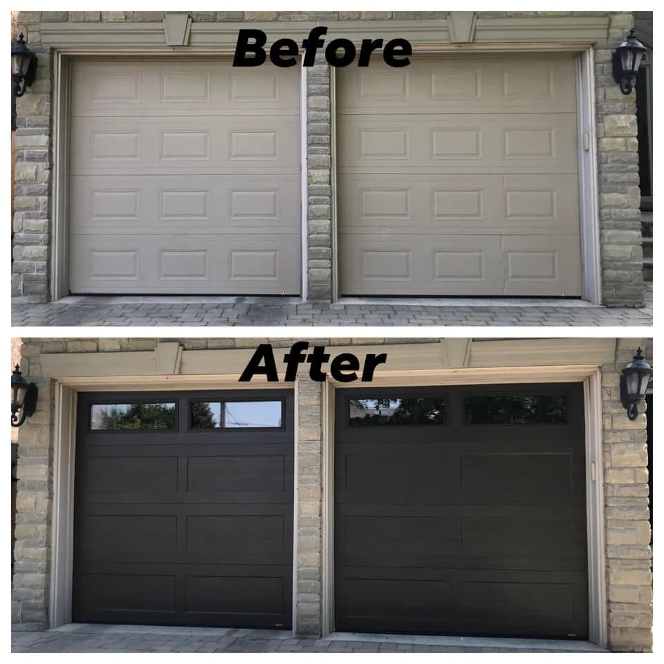 Before and after: two beige raised-panel garage doors between stone pillars, replaced with two dark brown long-panel doors with a row of windows along the top.