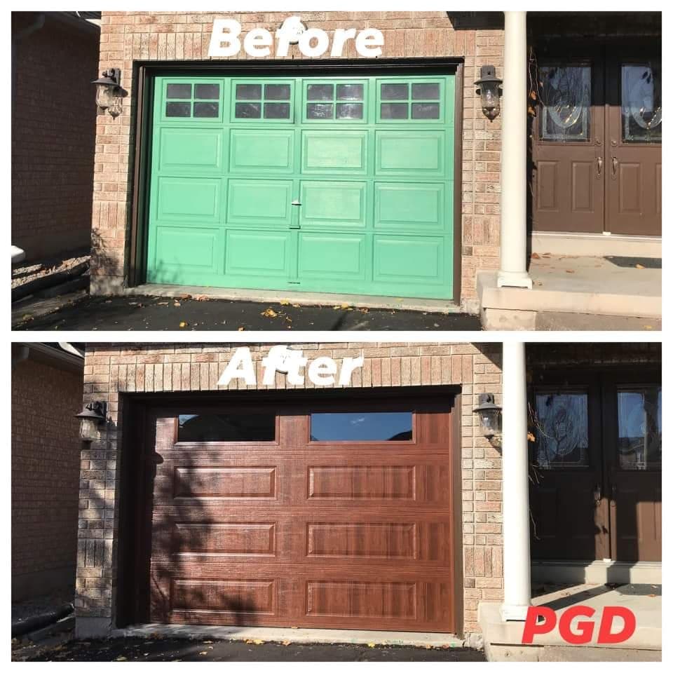 Before and after: a green raised-panel single garage door with divided windows, replaced with a woodgrain long-panel door with two windows across the top, on a brick house.