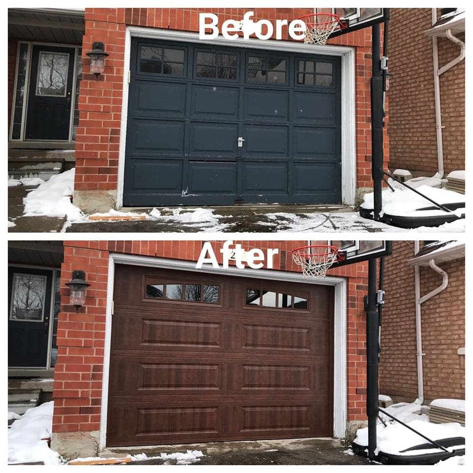 Before and after: a dark grey raised-panel single garage door with divided windows, replaced with a woodgrain long-panel door with windows along the top, on a red brick house in winter.