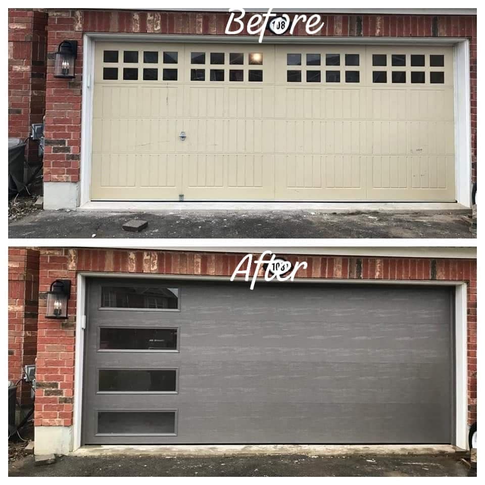Before and after: a cream double garage door with grooved panels and two rows of small windows, replaced with a grey woodgrain door with horizontal grooves and a column of four windows at the left edge.