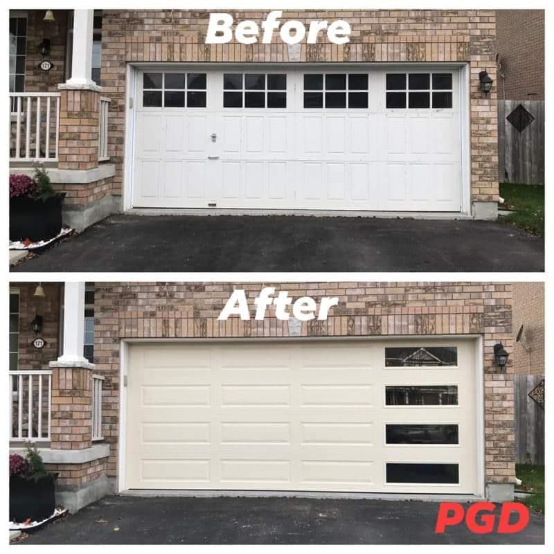 Before and after: a white raised-panel double garage door with divided windows across the top, replaced with a cream long-panel door with a column of four windows at the right edge.