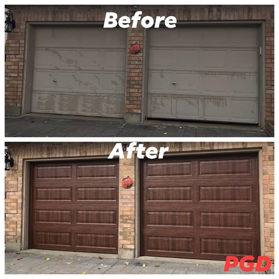 Before and after: two weathered beige garage doors in a brick wall, replaced with two woodgrain long-panel doors.