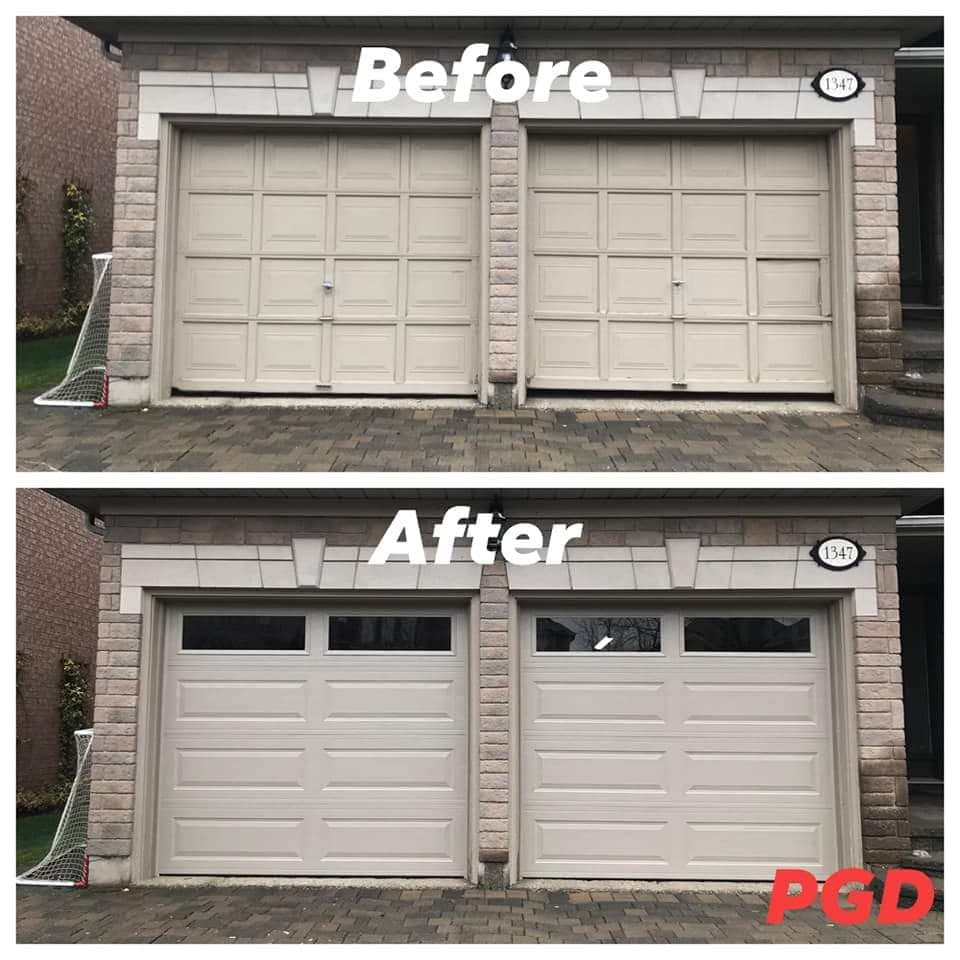 Before and after: two beige raised-panel garage doors in a brick wall, replaced with two beige long-panel doors with two windows across the top.