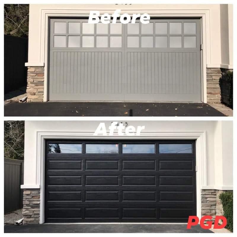 Before and after: a grey double garage door with vertical grooves and two rows of windows, replaced with a black long-panel door with a row of windows along the top, in a white stucco surround.